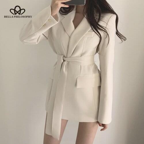 Bella philosophy Women Autumn Blazer Dress Female 2019 Long Sleeve Sashes Short Dress Slim Business Chic Blazer Jacket