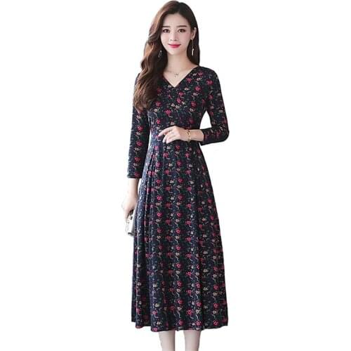 Fashion Printed Dress Women 2019 Spring Long sleeve V-neck Big swing Dresses Female Plus size Slim Long Pullover Dresses H752