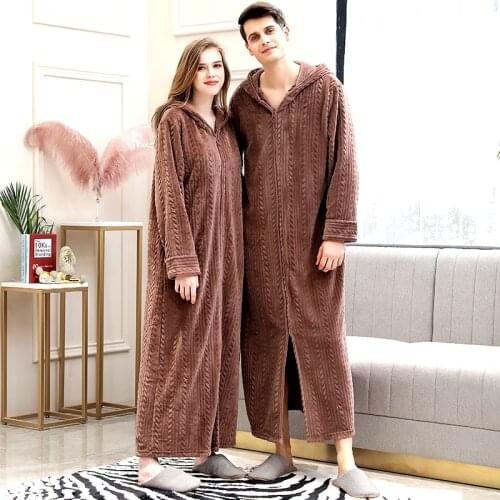 Lovers Winter Long Flannel Coral Fleece Warm Women Men Hooded Solid Sleepshirts Kimono Grey Nightdress Night Wear Dress Gown