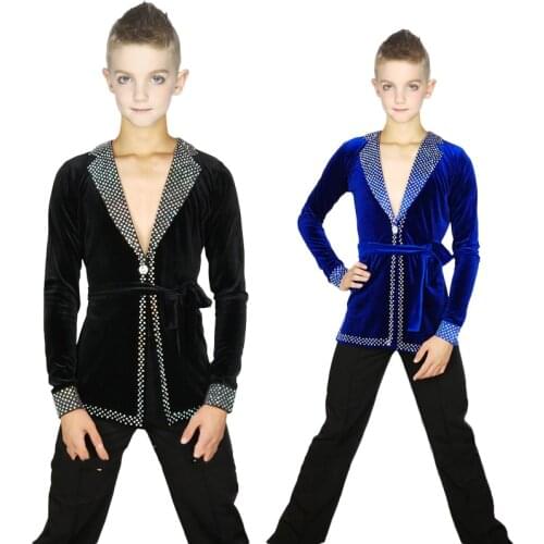 2019 Latin Dance Shirt Boys Costume Black Velvet Rhinestone Dancewear Cha Cha/Ballroom Competition Royal Blue Latin Tops VDB718