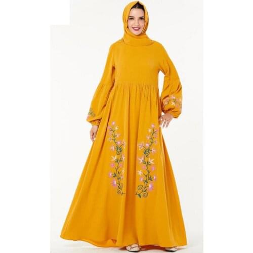 Muslim Abaya Long Dressplus Size Womens Yellow Pleated Long-sleeved Floral Embroidered Muslim Dress Arab Middle East Robe