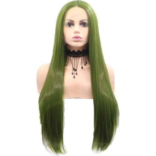 Long Green Silk Straight Wigs for Women Grass Green Lace Front Wig Natural Hairline Synthetic Heat Resistant Fiber Hair Wig