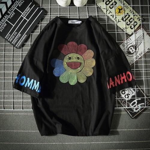 Smile Flower Print T Shirt Men Harajuku Hip Hop Short Sleeve Tees Casual Tops Streetwear Oversized T Shirts Cotton Mens Clothes