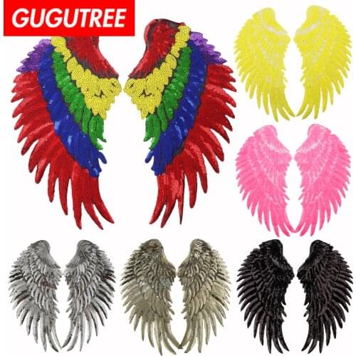 GUGUTREE embroidery Sequins big feather wings patch cartoon patches badges applique patches for clothing JW-138
