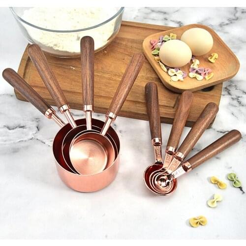 4Pcs/Set Measuring Cups Spoon Thicken Wooden Handle Copper Plating Baking Tool with Scale Rose Golden Thicken Kitchen Gadgets