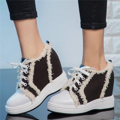 Casual Shoes Women Genuine Leather Wedges High Heel Vulcanized Shoes Female Lace Up Canvas Round Toe Platform Fashion Sneakers