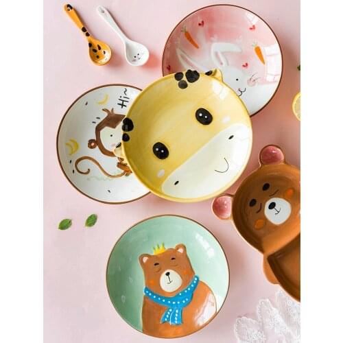EECAMAIL Cute Animal Ceramic Dinner Bowl Childrens Tableware Infant Cartoon Breakfast Plate Children Spoon Steak Dish Snack Pla