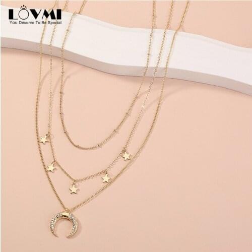 2021 Gothic Choker Necklace Set for Women Golden Stars and Moon Crystal Rock Layers Pendant Clavicle Chain Party Gifts Jewelry