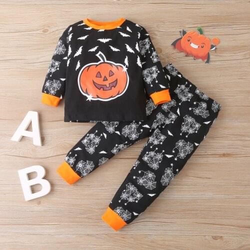 Autumn Spring Kids Boys Sweatshirts Trousers Set Pumpkin Bat Print Black Casual Long-sleeved Pants 2pcs Suit