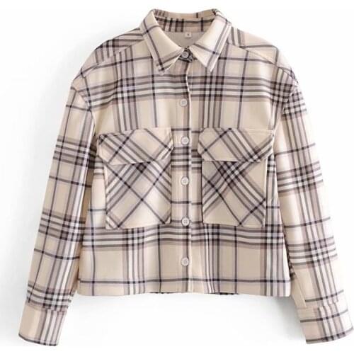 Nice Vintage Woman Beige Loose Plaid Woolen Shirt Jacket New Spring Vogue Ladies Pocket Coats Female Casual Oversized Outwear