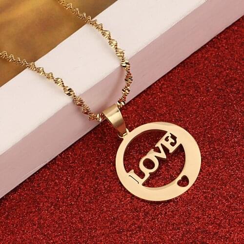 Stainless Steel Gold Color Letter Round Pendant Necklace Fashion Romantic Heart Chain Jewelry