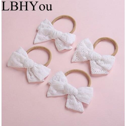 New White Hollow Out Lace Nylon Bows Headbands Big Handtie Newborn Baby Girls Hair Accessories Toddler Head Wear Stretchy Hairs