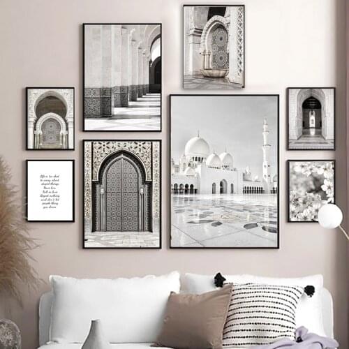 Lslamic Mosque Building Door Flower Quote Wall Art Canvas Painting Nordic Posters And Prints Wall Pictures For Living Room Decor