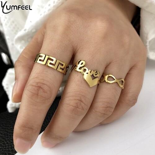 Yumfeel Trendy Women Ring Sets Stainless Steel Engrave Heart Love Rings Jewelry Gifts