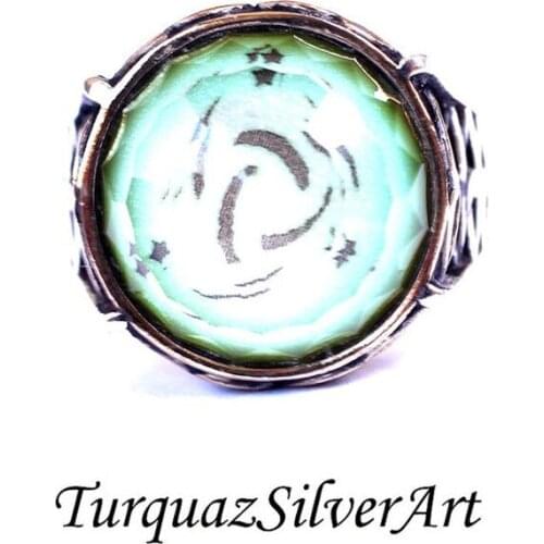 Handmade Mans Whirlpool Print Zircon Water Green Gemstone Ring, 925 Silver Ring for Men, Silver Handmade Ring