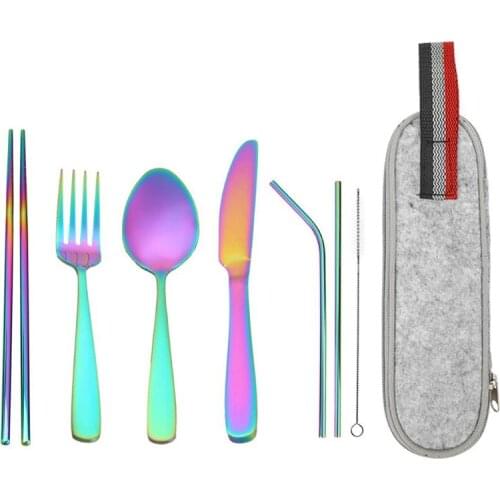 9pcs Tableware Set Stainless Steel Knife Spoon Fork Chopsticks Straw Outdoor Camping Travel Reusable Cutlery Set Portable Case