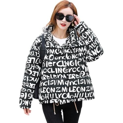 IOQRCJV 2021 New Short Winter Jacket Women Printing Warm Hooded Down Cotton Jacket Parkas Female Casual Outwear Cotton-padded