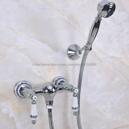 Polished Chrome Bathroom Shower Faucet Bath Faucet Double Handle Mixer Tap With Hand Shower Head Set Wall Mounted Bna287