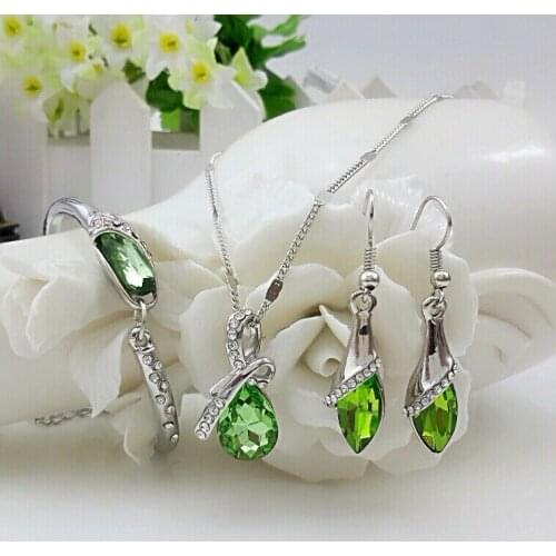 QiLeSen Fine jewelry 925 sterling silver suitable for ladies set, Glass shoes crystal green Necklace Earring bracelet Set YW157