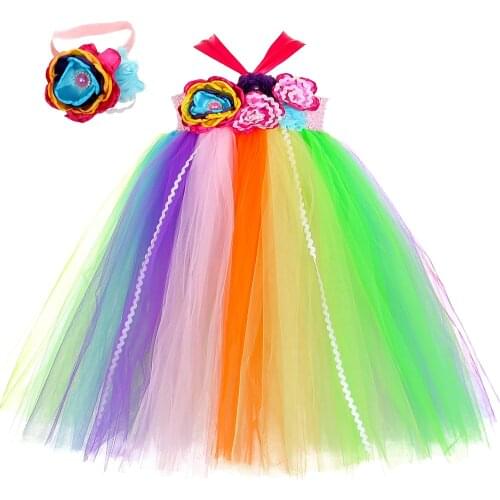 Rainbow Flower Girl Tutu Dress with Headband Sweet Candy Fairy Tulle Kids Princess Dress Girls Birthday Party Carnival Costume