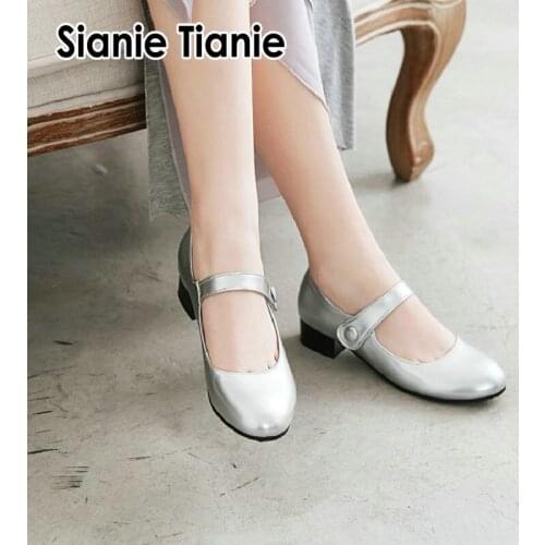 Sianie Tianie size 33-48 patent pu glossy woman casual dance shoes chunky med heels round toe girls mary janes shoes pumps women