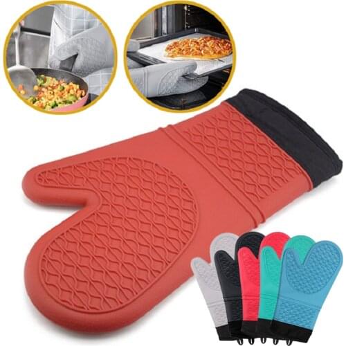 Silicone Kitchen Oven Mitt Glove Black Red Potholder with Extra Long Canvas Sleeve Stitching for Grilling Baking Pastry and BBQ