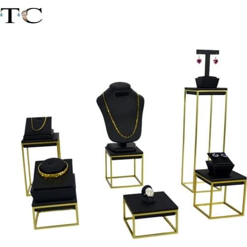High Quality Stainless Steel Black Leatherette Jewelry Earring display Necklace showcase Jewellery Display Rack stand holder