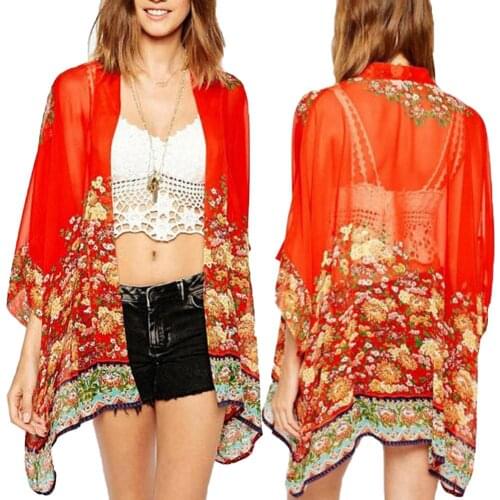 Women Floral Chiffon 3/4 Sleeve Front Open Coverup Sheer Blouse Anti-UV Cardigan ropa verano mujer playa pareo sexy