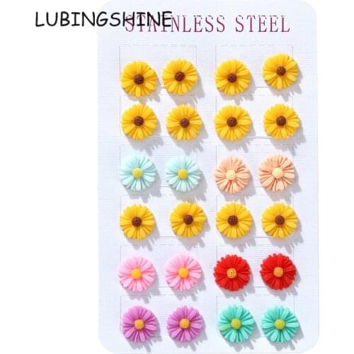 Korean 12pairs/lot Women Stainless Steel Ear Pin Acrylic Daisy Sunflower Stud Earring Set Jewelry Gift Flower Ear