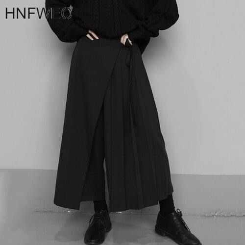 High Elastic Waist Black Pleated Split Wide Leg Trousers New Loose Fit Pants Women Fashion Tide Spring Autumn 2020 V769