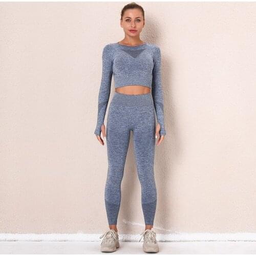Women Long Sleeves Yoga Set Crop Top And Yoga Leggings Set Seamless Sports Suit Two Pieces Sportswear For Workout
