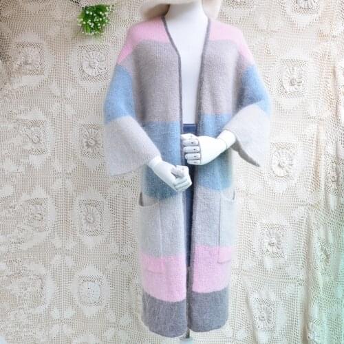 Ladies women fashion colored hairy mohair angora wool three quarter sleeves long cardigan autumn winter jacket coat pull sweater