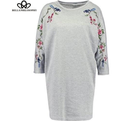 Bella Philosophy 2019 autumn women fashion dress female embroidery above knee O neck dress floral half sleeve cotton loose dress