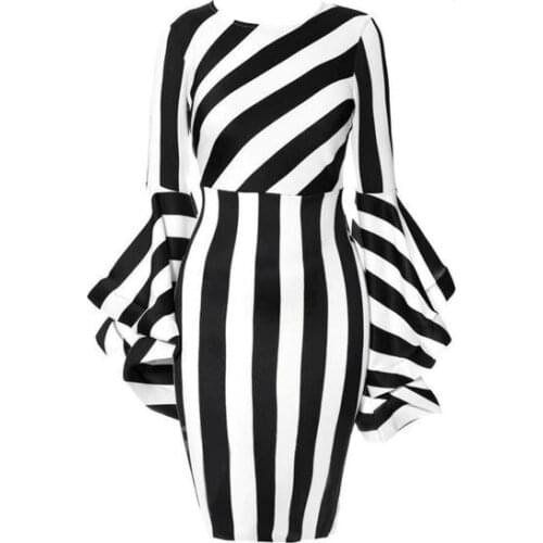 2021 Summer New Woman Dresse Womens Vertical Stiletto Striped Stitching Lotus Leaf Side Sleeves Large Size Dress