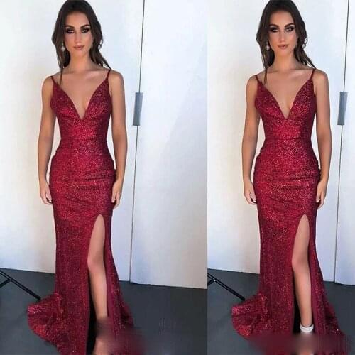 Sexy Custom Made Long V Neck Red Sequin Mermaid Women Prom Dress Evening Dresses