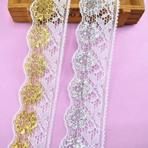10 yards/lot Gold Silver Lace Ribbon Tape 64mm Width Clothing Dress Jewelry Embroidered White Lace Trim Fabric Sewing Decoration