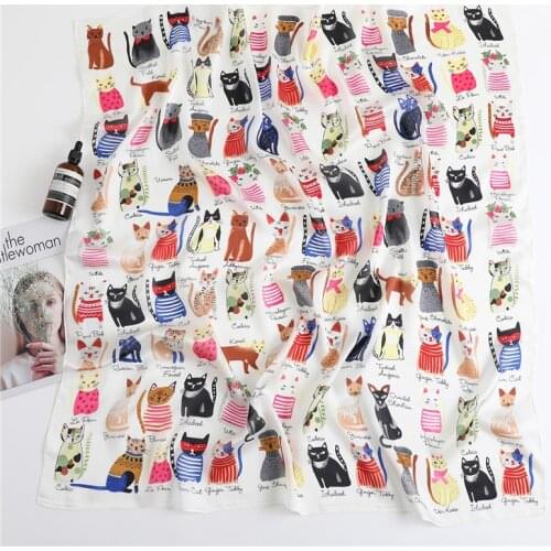 2020 Fashion Silk Scarf Women Neck Wraps Large Square Hijab Scarves Foulard Bandana Cat Print Shawls Pashmina Headband
