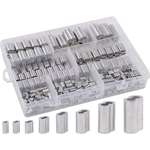8 Sizes Aluminum Crimping Loop Sleeve 315Pcs Double Barrel Ferrule for Wire Rope and Cable Line End Assortment Kit - M1.2-M6