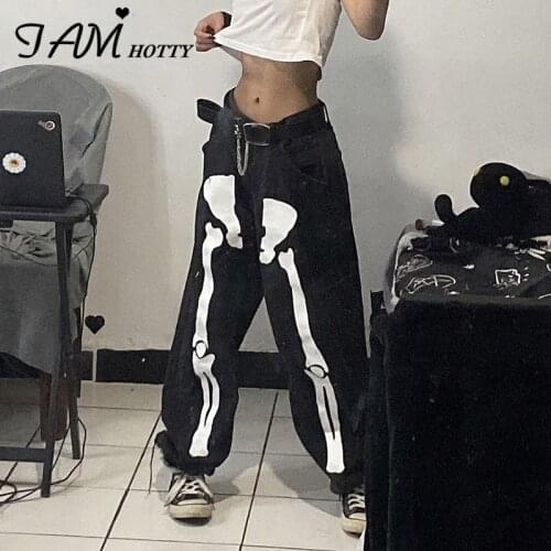 Skeleton Print Gothic Black Jeans Women Vintage Wide Leg Cargo Denim Pants y2k Hip Hop Streetwear Casual Sweatpants New Iamhotty