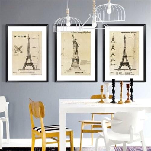 HAOCHU Triptych Retro American Statue of Liberty Canvas Painting Wall Poster Paris Eiffel Tower Architecture Drawings Home Decor
