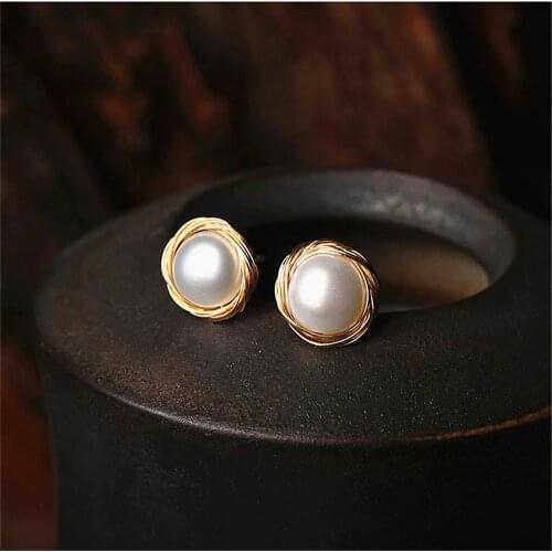Natural Freshwater Pearl Earrings 14K Gold Plated Stud Earring for Women Elegant Stud Manual Winding 925 Sterling Silver Jewelry