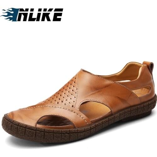 Inlike Men Cow Leather Sandals Outdoor Summer Handmade Men Shoes Men Breathable Casual Shoes Footwear Walking Sandals