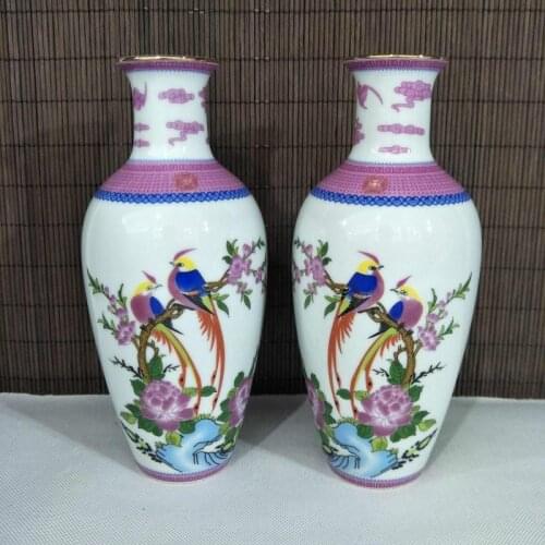 2pcs/set Exquisite Unique Jingdezhen Pink Vases White Ceramic Birds Pattern Home Decor Porcelain Flower Vases