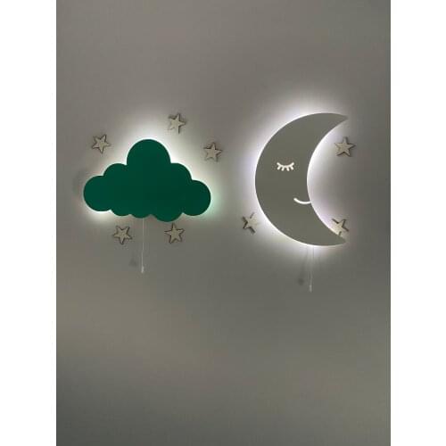 Set of 2- Nursery Wall Lamp Gift to Son Gift to Daughter Decoration Wooden Kids Moon Cloud Bedside Night Light
