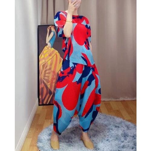 2021 New Miyak Pleated Fashion Women Sets loose Large Size printed Two-piece suits Tide