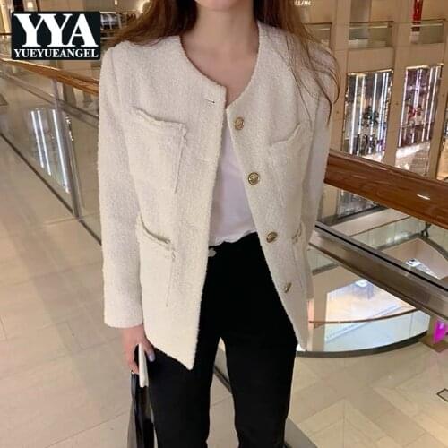 Fashion New Single Breasted O-Neck Womens Tweed Jackets Korean Pockets Slim Streetwear Female Outerwear Coats Jaqueta Feminina