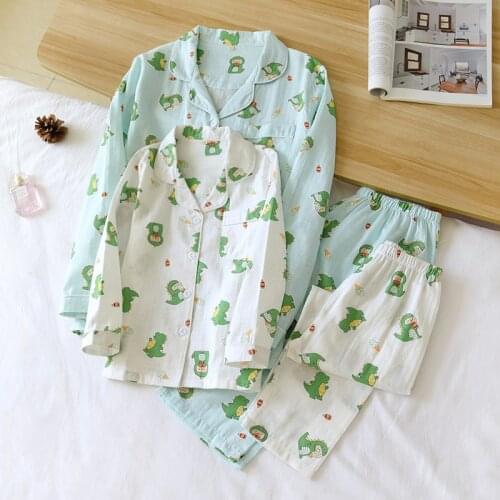 Kawaii Dinosaur 100% gauze Cotton family matching clothes summer Mother kids pajamas sets Fresh child boys girls sleepwear