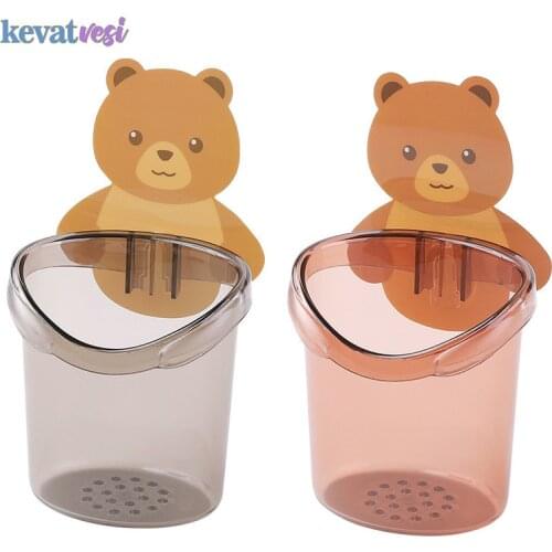 Cute Bear Bathroom Shelf Wall Mount Toothbrush Cup Toothpaste Storage Rack Cosmetics Makeup Tool Storage Bathroom Accessories