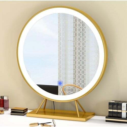 HD Desktop LED Mirror Three Color Light Round Mirror Girls Bedroom Decor Mirror INS Large Vanity Mirror Simple Dressing Mirror