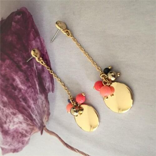 New Girly Gold Color Plating Plain Round Disc with Red Pink Navy Bead Long Drop Earrings For Women Elegant Jewlery Accessory